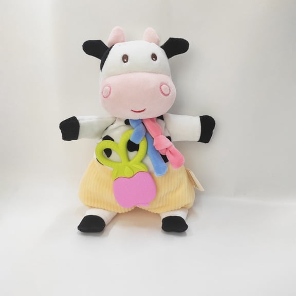 Cute Cow Hand Puppet Plush Toys, Soft Cow Stuffed Animal Plush Teething Blanket with Bell and Teether for Newborn Infant Tactile Sensory Toy, Storytelling & Interactive Play