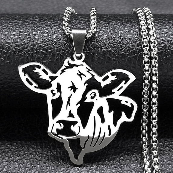Cute Cow Head Pendant Hollow Necklace Chain for Women Men 14K White Gold Animal Necklaces Jewelry Gifts
