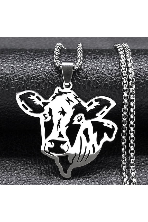 Cute Cow Head Pendant Hollow Necklace Chain for Women Men 14K White Gold Animal Necklaces Jewelry Gifts