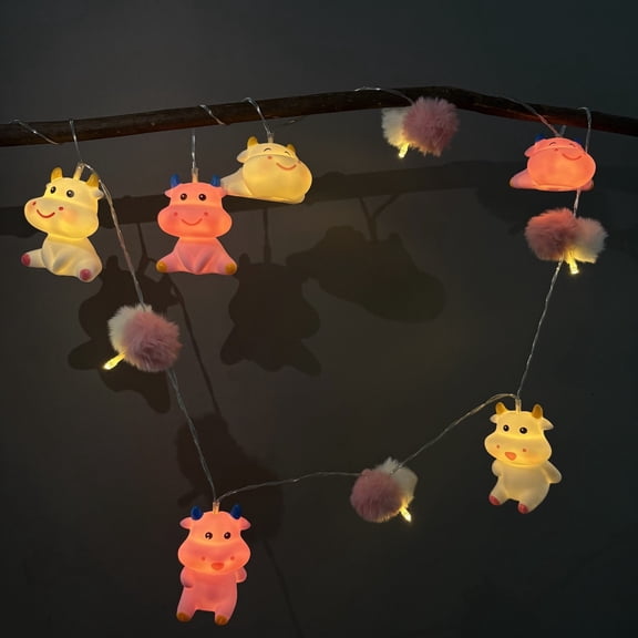 Cute Cow LED String Lights with Fluffy Pom Poms, Battery Operated, Pink and White Decorative Light Chain for Kids Room, Nursery, Party, 2AA Battery Required