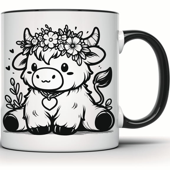 Cute Cow Mug - Highland Cow Flower Crown Mug - Funny Farm Animal Coffee Tea Mug - Unique Animal Lover Gift - Charming Gift Mug - 11 Ounce Black Rim Handle Novelty Coffee Cup - WMUG1003-BLK