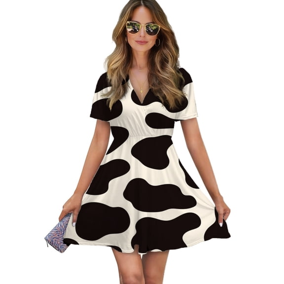 Cute Cow Pattern Design Women Dress V-Neck Short Sleeve Flowy Swing Party Midi Dress
