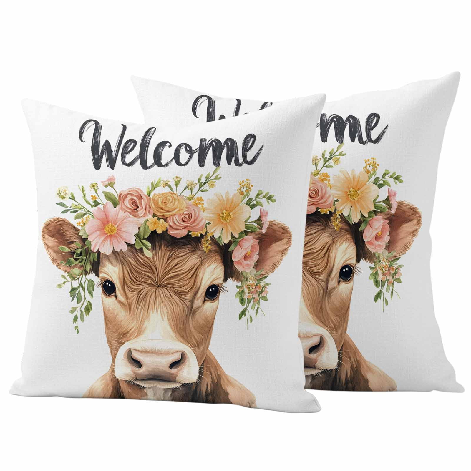 Cute Cow Pillow Covers 2 Pack Welcome Pillowcase Waterproof Outdoor Throw Pillow Cover for Patio Garden Square Cushion 20”x20”