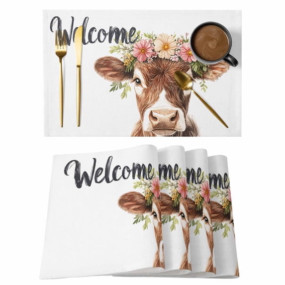 Cute Cow Placemats Set of 2, Welcome Non-Slip Place Mats Washable Table Mats for Kitchen Dining Table Decorations Indoor/Outdoor