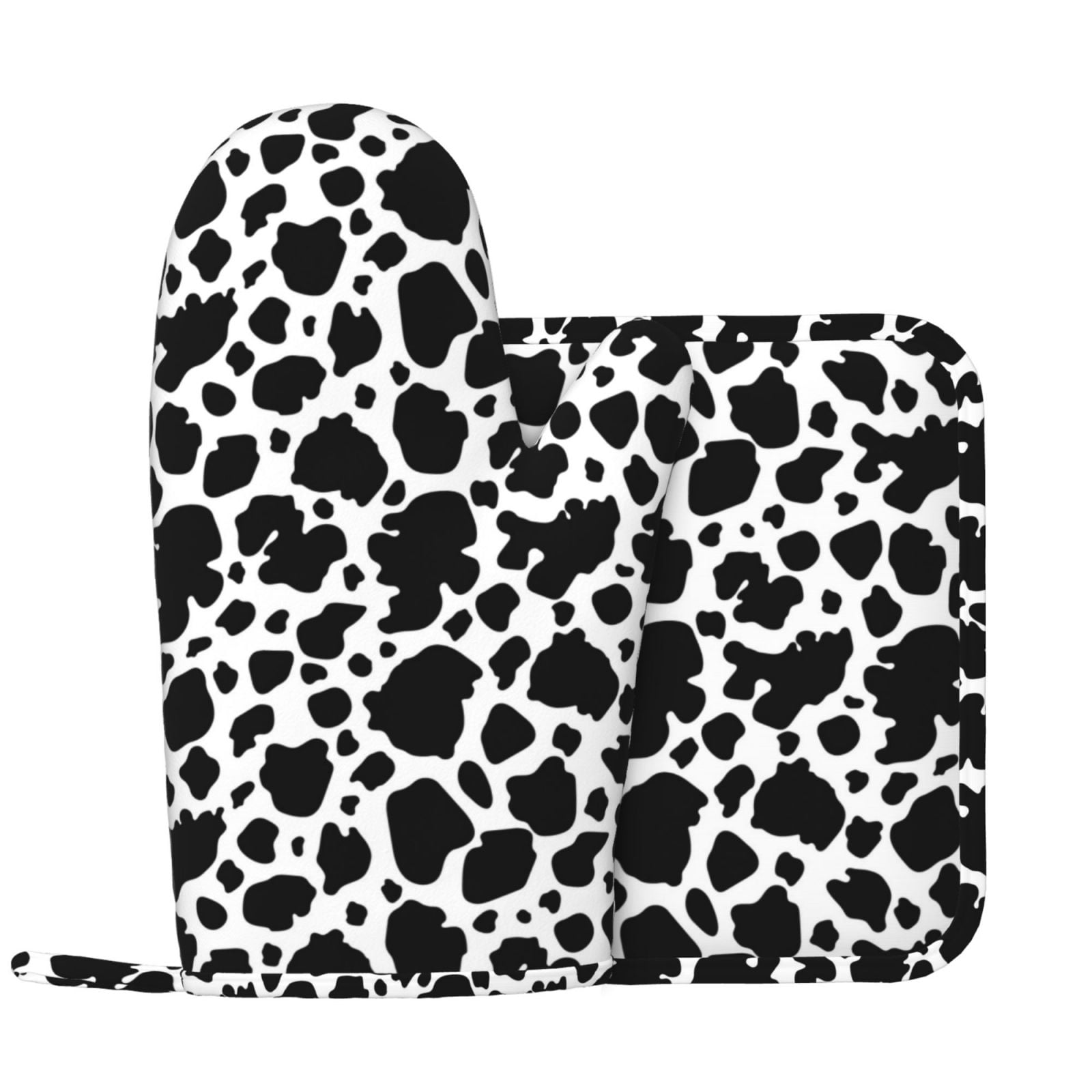 Cute Cow Print Black White Oven Mitts and Pot Holders Sets with 1 Non