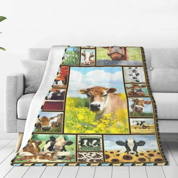 Cute Cow Print Blanket Animal Flower Throw Blanket Ultra-Soft Flannel Blanket for Couch Sofa Bed for Teens Adults 60"x80"
