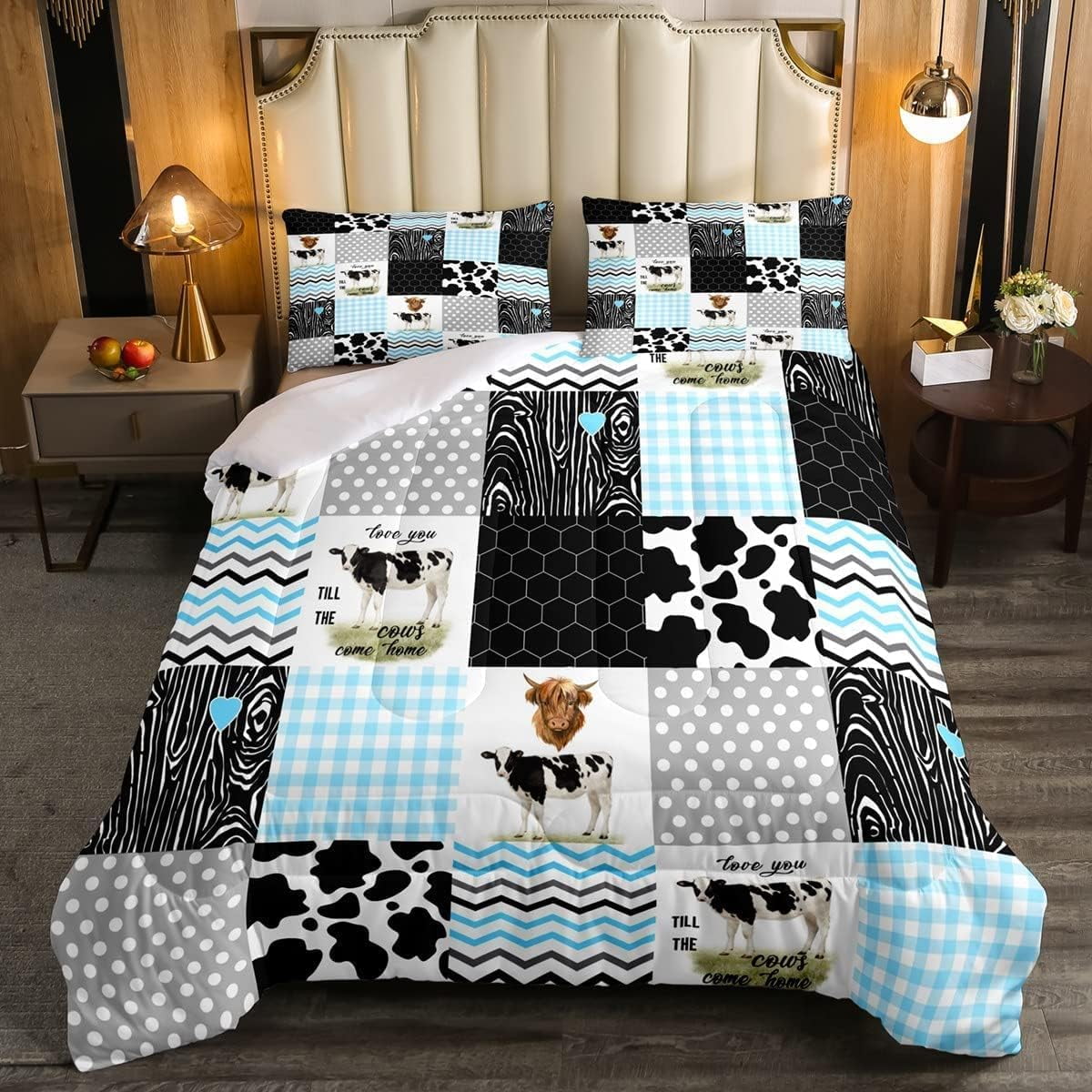 Cute Cow Print Comforter Set Full Size Kawaii Highland Cow Bedding Set