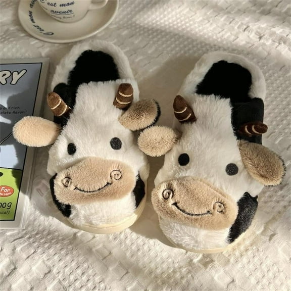 Cute Cow Print Slippers, Plush House Shoes, Non-Slip, Warm, Indoor