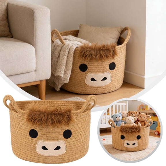 Cute Cow Rope Large Woven Storage Cartoon Animal Organizer For Nursery Desktop Home Textile Storage 13.0x7.9" Home Decor