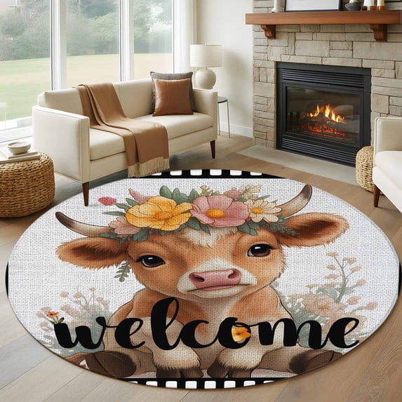 Cute Cow Round Living Room Rugs 6 ft, Welcome Words Animal Flower Film Boundary Linen Texture Washable Area Rug with Non-Slip Sturdy Edge Binding Round Carpet for Kitchen Office Bedroom