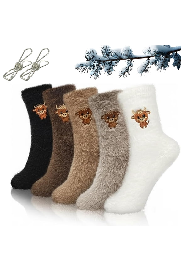 Cute Cow Slipper Socks, 5 Pairs Cartoon Highland Cow Plush Socks for Cold-Free Home Comfort Warmth(5Pairs/A)