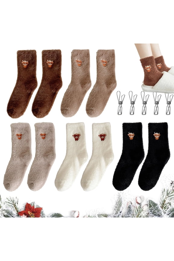Cute Cow Slipper Socks, 5 Pairs Fuzzy Cow Socks for Women, Plush Fluffy Winter Sock for Home, Thick Soft Slipper Sock(5Pairs/A)