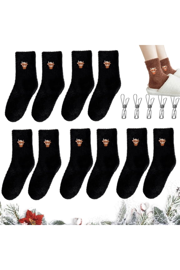 Cute Cow Slipper Socks, 5 Pairs Fuzzy Cow Socks for Women, Plush Fluffy Winter Sock for Home, Thick Soft Slipper Sock(5Pairs/E)