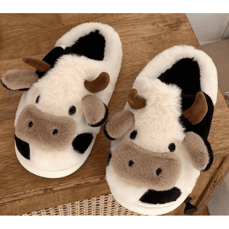 Cute Kawaii Cow Slippers - Fuzzy Milky Cow House Slides For Women & Men (Linen, Size 7.5W/6M)