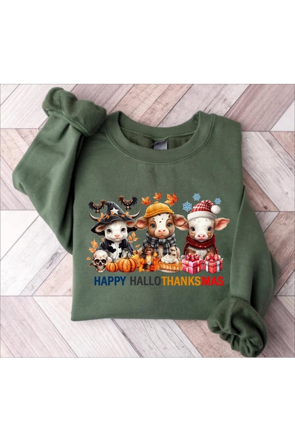 Cute Cow Sweater, Happy Hallothanksmas Sweatshirt, Cow Sweatshirt, Season Sweatshirts, Cow Sweater, Cow season Shirt All Size S-5Xl