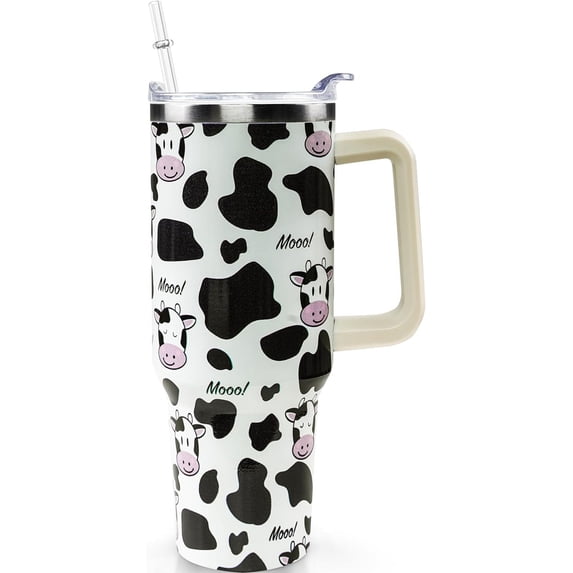 Cute Cow Tumbler with Straw and with Handle 40oz Double Wall Stainless Steel Vacuum Insulated Coffee Wine Tea Travel Mug Gifts for Women