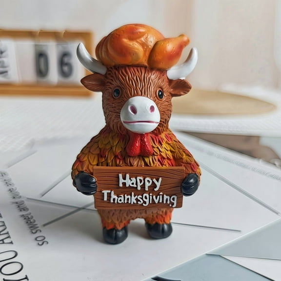 Cute Cow and Turkey Thanksgiving Resin Figurine with Maple Leaves and Pumpkin Decor for Table, Shelf, Mantel, Holiday Centerpiece, Fall Home Decoration Gift