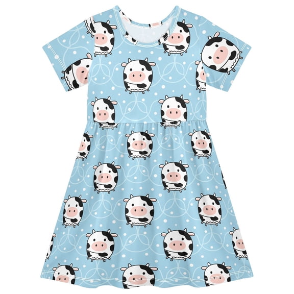 Cute Cow White Polka Dot Blue Short Sleeve Dress A-Line Cute Midi Casual Sundress 2-8 Years