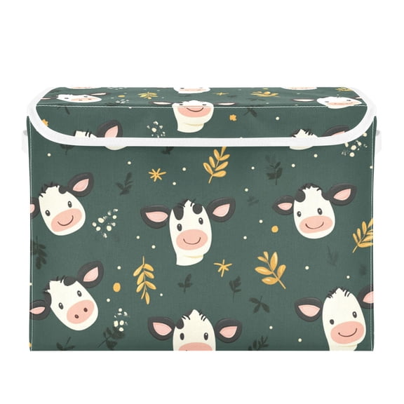 Cute Cow on Green Large Storage Bins with Linen Collapsible Lid Storage Box 16.7 x 12.6 x 11.8in