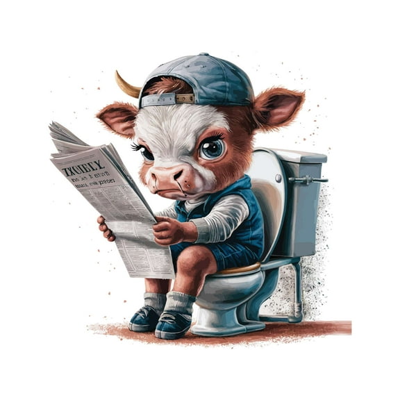 Cute Cow reading newspaper in Toilet Animal Wall Art Sticker Designs Vinyl Stickers For Home House Walls Rooms Windows Bedroom Decoration Size (26x26 inch)
