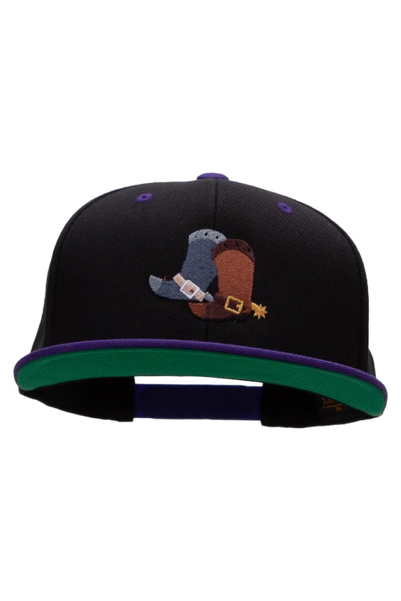 Cute Cowboy Boots Embroidered Wool Blend 2 Tone Classic Snapback - Black Purple OSFM