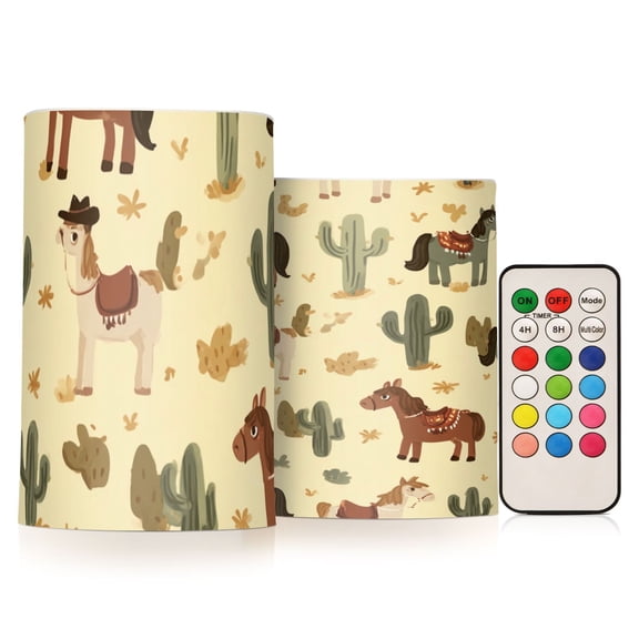 Cute Cowboy Brown Horse Flickering Flameless Candles Battery Operated with Remote Timer LED Pillar Candles Set of 2
