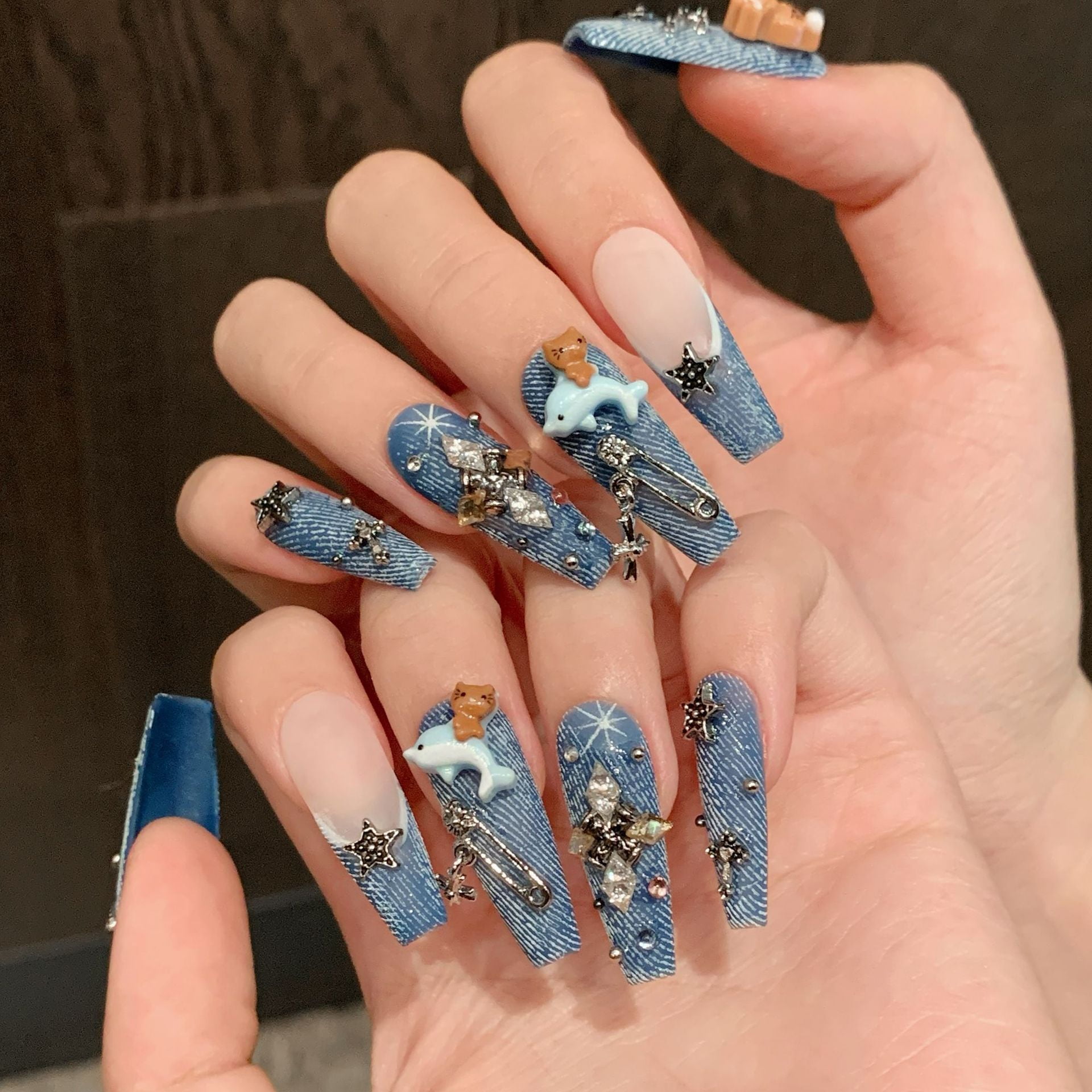 Cute Cowboy Ceramic Press On Nails Long Coffin Shape Bold Blue