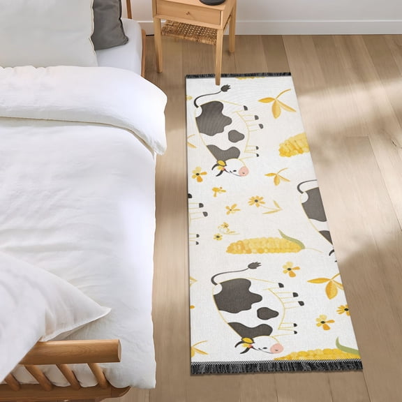 Cute Cows Maizes Flowers Leaves Bedside Runner Rug 2'x 6' Non Slip Carpet Floor Mat Area Rug