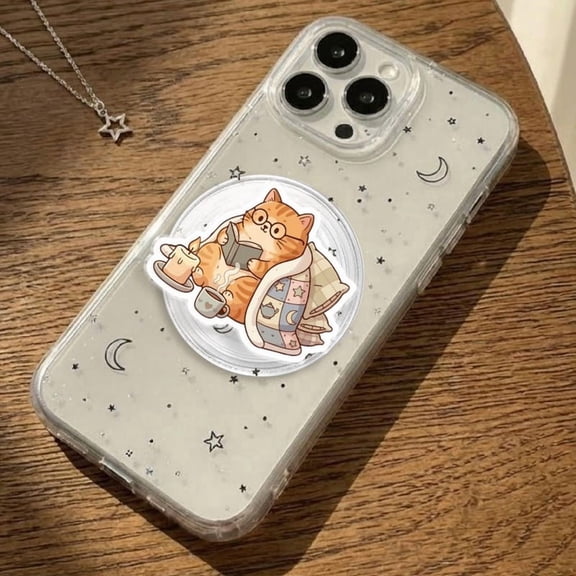 Cute Cozy Cat Phone Grip, Orange Tabby Reading Book Socket, Bookworm Gift Accessory, Kawaii Reading Kitty Phone Stand, Hygge Aesthetic Grip