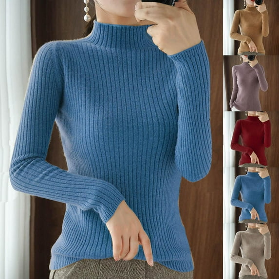Cute Cozy Sweaters For Women Casual Solid Color Crew Neck Base Knitted Loose Turtleneck Winter Blue Fashion Clothes 2025 (M)