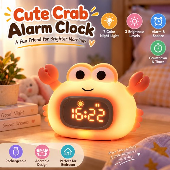 Cute Crab Alarm Clock Night Light Digital Alarm Clock with 8 Color Light 3 Brightness Levels Rechargeable Wake Light Clock for Bedroom
