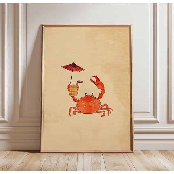 Cute Crab Funny Beach Wall Art Cocktail Coastal Animal Decor Unframed Paper Print