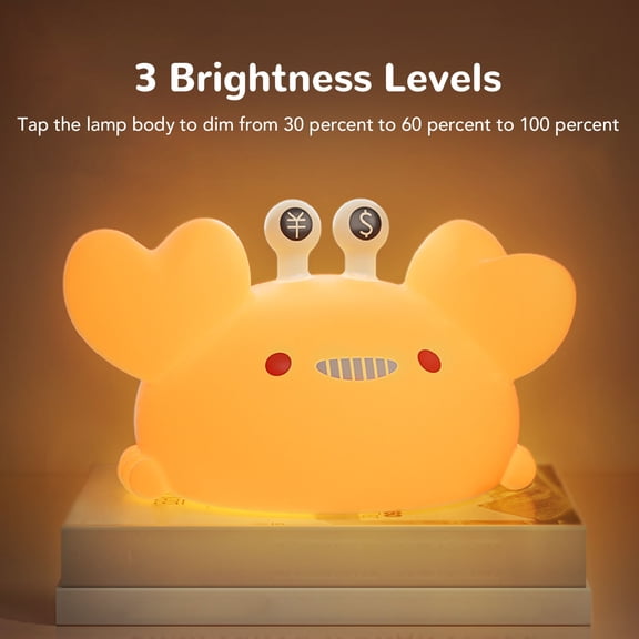 Cute Crab Night Light, 3 Brightness Settings, Soft Silicone, 30 Minute Timer For Kids' Bedrooms