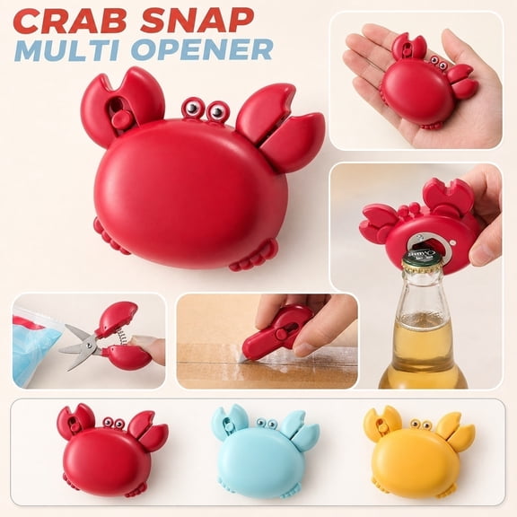 Cute Crab Snap 3-in-1 Multi-Opener - Fun Crab-Shaped Bottle Opener, Can Tab Puller & Jar Lid Remover, Creative Magnetic Kitchen Tool for Weak Hands