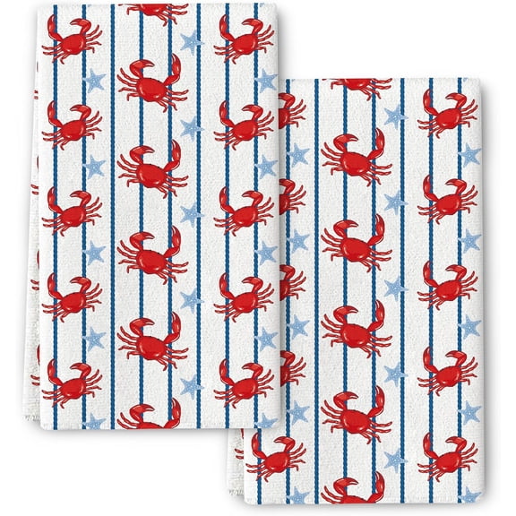 Cute Crabs Nautical Kitchen Towels Decorative Set of 2, Coastal Dish Hand Towels for Kitchen Bar Bathroom Soft Absorbent Drying Cloth Summer Ocean Themed Decor