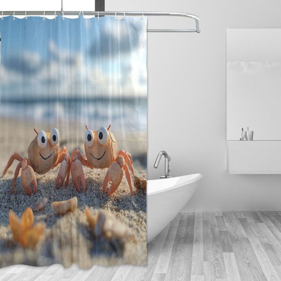 Cute Crabs on The Beach Shower Curtains with 12 Hooks Waterproof Bathroom Decor 66" x 72"
