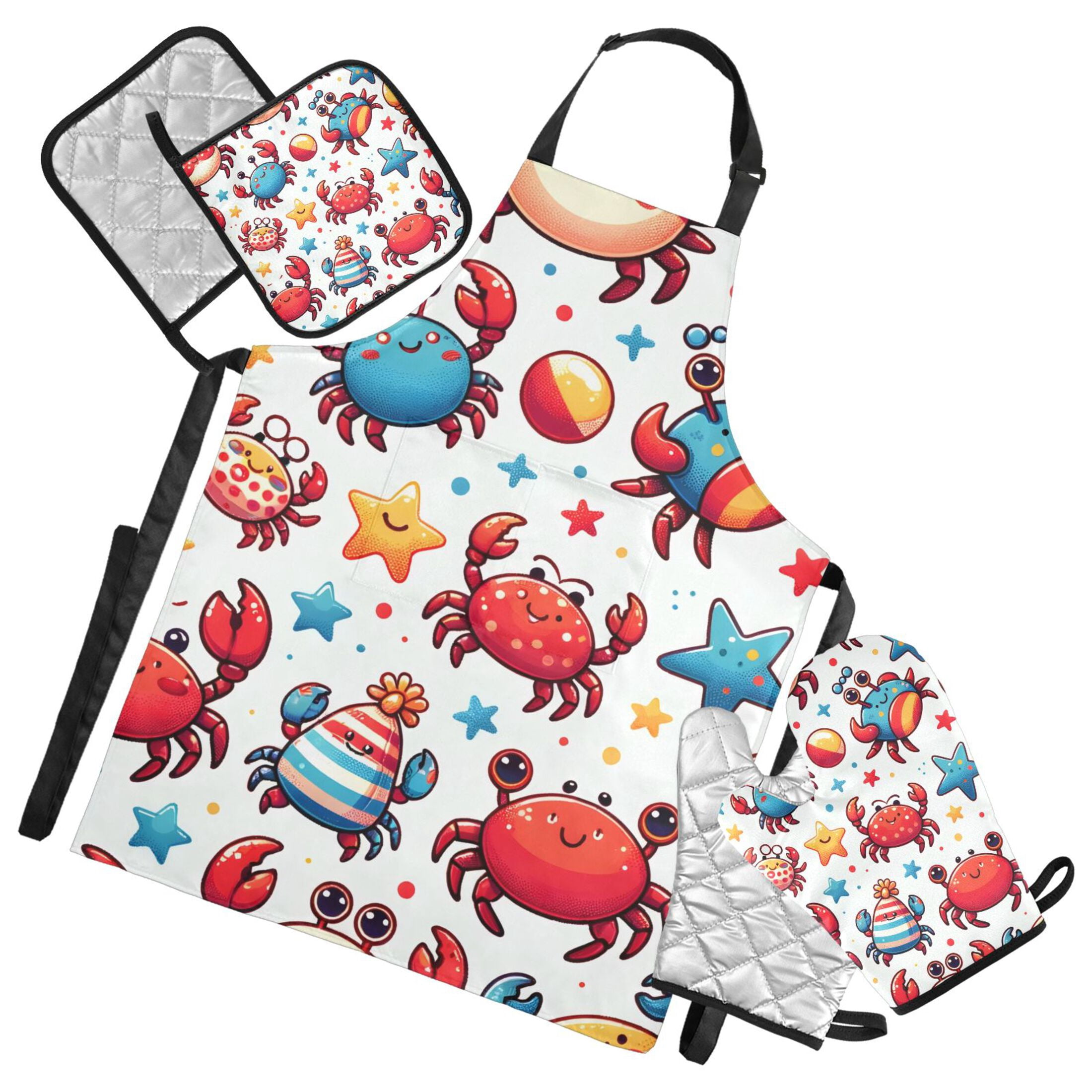 Cute Crabs with Starfish 5 Pcs Kitchen Set Heat Resistant Oven Mitts and Non-Slip Pot Holders with Adjustable Cooking Apron