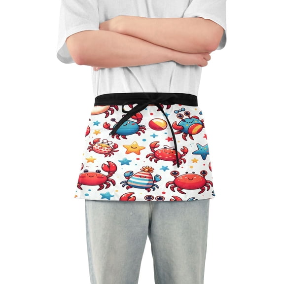 Cute Crabs with Starfish Server Apron with 3 Pockets Waterproof Waitress Waist Short Apron for Man Woman 12 Inches