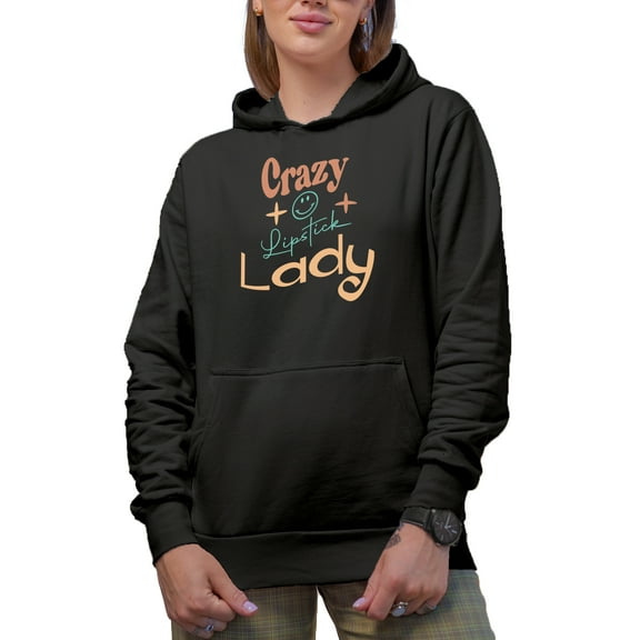 Cute Crazy Lipstick Lady, Beauty Themed Merch Gift for Makeup Artist or Lovers, Cosmetologists & Beauticians, Black Hooded Sweatshirt or Hoodie, Small