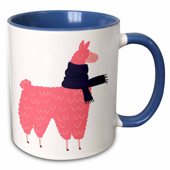 3drose, Cute Creative Pink Llama Wearing a Blue Scarf Cartoon, 11oz Two-tone Blue Mug