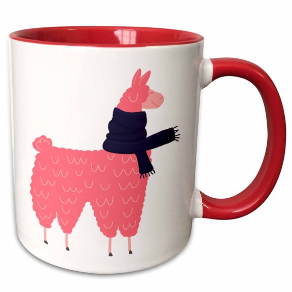 3drose, Cute Creative Pink Llama Wearing a Blue Scarf Cartoon, 15oz Two-tone Red Mug