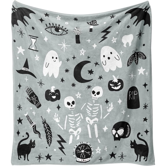Cute and Creepy Halloween Fleece Throw Blanket for Women, Kawaii Ghost Skeleton Witch Pumpkin Goth Occult Design, Soft Flannel Blanket for Home, Bed, Sofa Decor, Blue, 60" x 50"