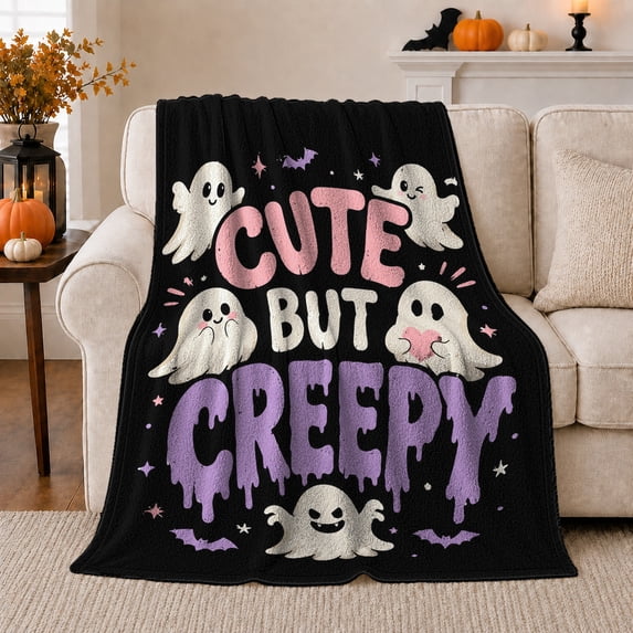 Cute But Creepy Halloween Ghost Pattern Whimsical Cartoon, Festive Halloween Scene, Warm Flannel Blanket for Living Room and Reading Nook, Art Lovers Halloween Gift, Festive Home Decor