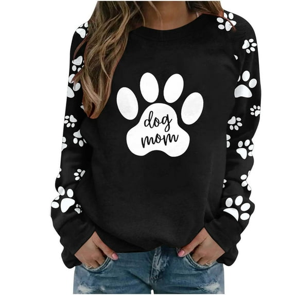 Cute Crew Neck Sweatshirts for Women Spring Fall Fashion Long Sleeve Graphic Print Pullover Tops Casual Workout Shirts(Black,L)