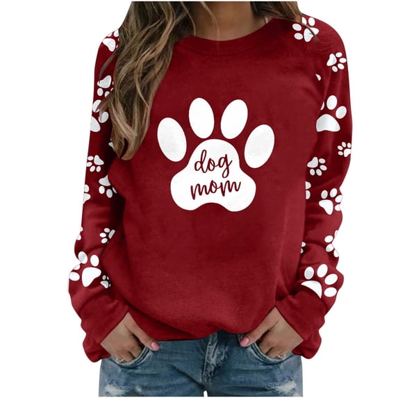 Cute Crew Neck Sweatshirts for Women Spring Fall Fashion Long Sleeve Graphic Print Pullover Tops Casual Workout Shirts(Wine,XL)