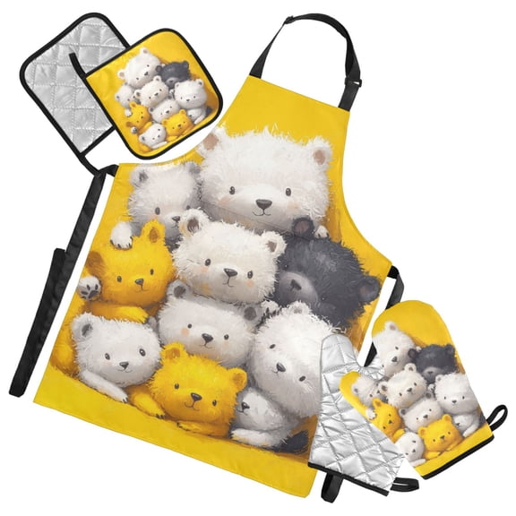 Cute Critter Stacking Oven Mitts and Pot Holders with Chef Apron Set 5 Pcs Kitchen Cooking Set