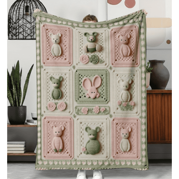 Cute Crochet Bear Rabbit Flannel Blanket, Pastel Pink Green Pattern, Soft Plush All-Season, Machine Washable, For Bed Couch Nursery Decor, Cozy Home Accessory