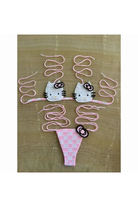 Cute Crochet Bikini Set 2 Pieces Lady's Bathing Suits Sexy Micro Bikinis Ties Swimsuit Thong Swimwear Kwaii Womens Swimming Suit