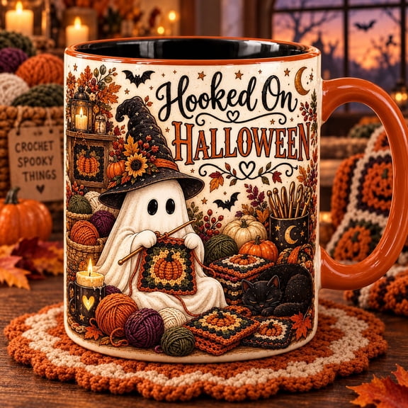 Cute Crochet Ghost Mug With Pumpkin Granny Squares For Halloween