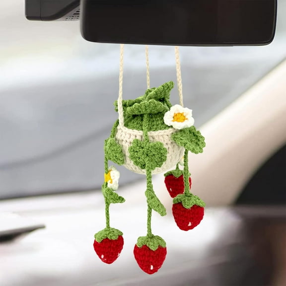 Cute Crochet Hanging Basket Potted Plant Decor for Car Rearview Mirror Pendant, Boho Handmade Hanging Orchid Strawberry Interior Ornament for Truck Accessories